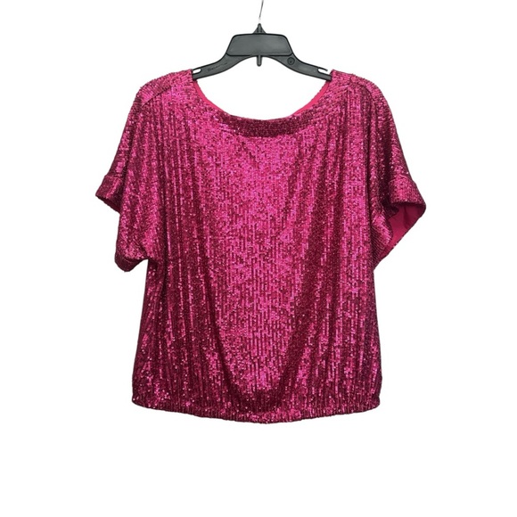 Trina Turk Sprite 2 Top Size Medium Pink Sequin Party Glam Colorful Boatneck - Picture 2 of 5